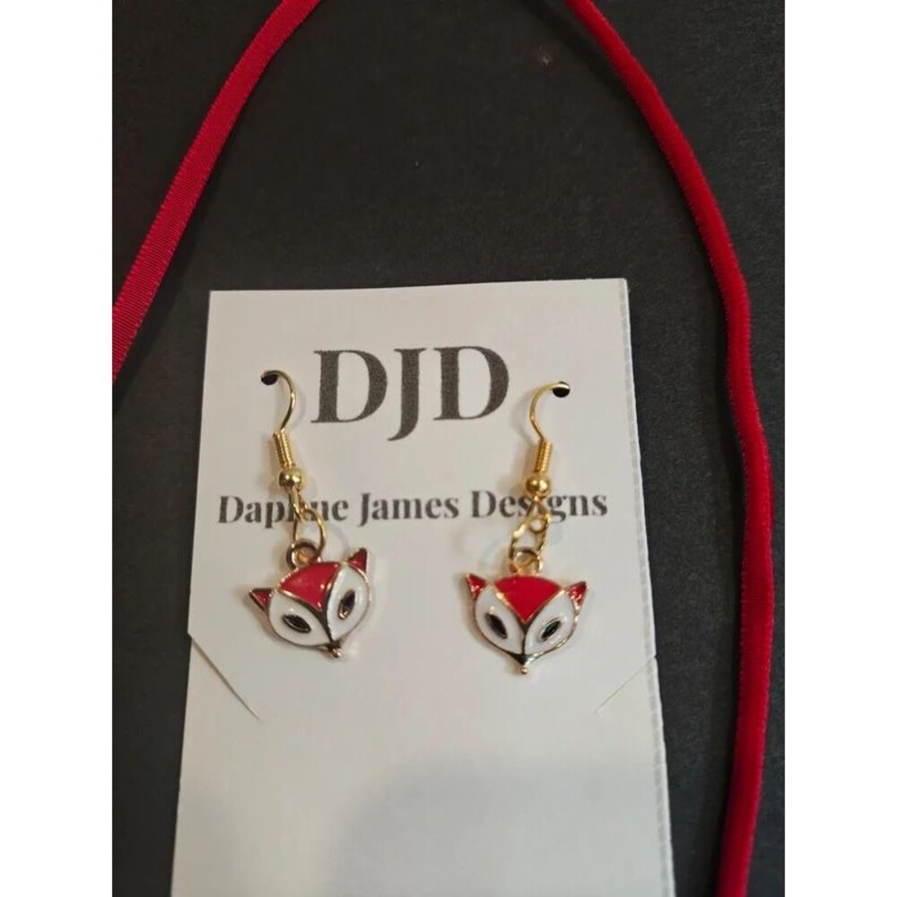 Handmade Red Velvet Ribbon Choker Necklace | Fox Charm Drop & Earring Set